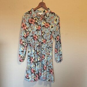Umgee Light Blue Floral Button-Up Blouse with Pink & Yellow Blooms